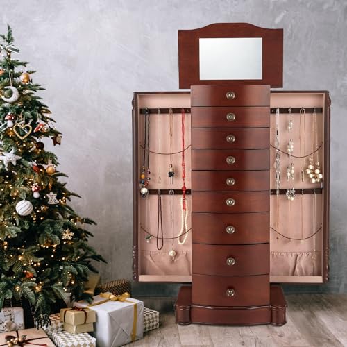 AVAWING Large Standing Jewelry Cabinet Armoire with Top Flip Makeup Mirror, 8 Drawers & 16 Necklace Hooks, Jewelry Box Storage Organizer with 2 Side Swing Doors, Retro Standing Wood Jewelry Cabinet