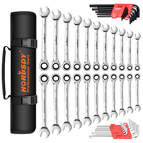 HORUSDY Ratcheting Wrench Set | 48-Piece | Cr-V Steel | 72 Teeth Ratchet Wrench 6-18mm & SAE 1/4-3/4' | with Roll Up Pouch and Allen Wrench