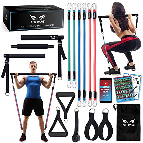 FITI DARE Portable Pilates Bar Kit with Adjustable Resistance Band (25,30,35lb) | Home Workout Equipment for Women&Men of All Heights | Fitness Bands Set | Outdoor Full Body Exercise Gym with Video