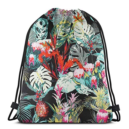 UTWJLTL Drawstring Backpack for Women Beach Shopping Kids Children String Sack Gymbag for Outdoor Sport Black Leaf