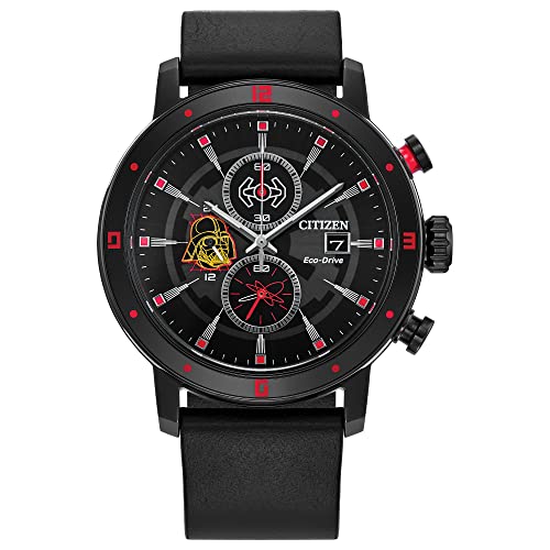 Citizen Eco-Drive Men's Star Wars Darth Vader Chronograph Watch with Black Ion Plated Case, Red Accents and Black Leather Strap, Luminous, Date, 44mm (Model: CA0769-04W)