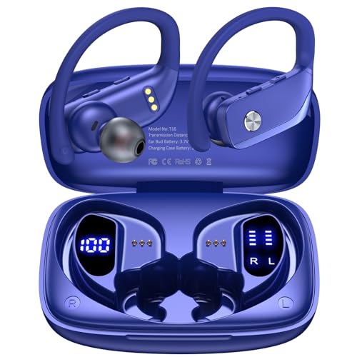 bmanl Wireless Earbuds Bluetooth Headphones 48hrs Play Back Sport Earphones with LED Display Over-Ear Buds with Earhooks Built-in Mic Headset for Workout Blue
