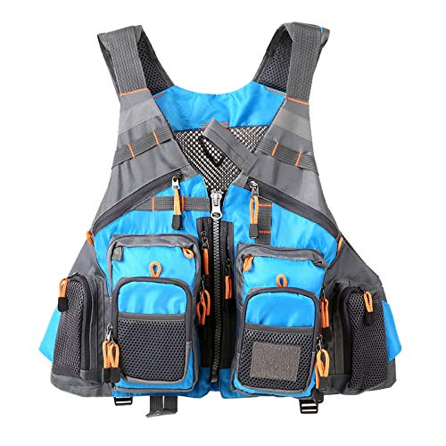 Flygo Multi-Pockets Fly Bass Fishing Vest Pack for Outdoor Activities, Adjutable Size for Men/Women (One Size, Blue)