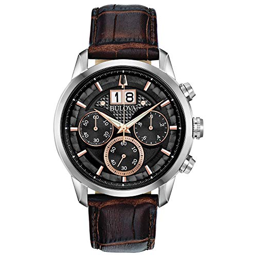 Bulova Men's Classic Sutton 6-Hand Chronograph Calendar 'Big Date' Leather Strap Quartz Watch, Domed Mineral Crystal, 44mm