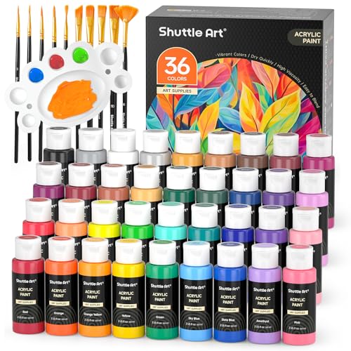 Shuttle Art Acrylic Paint Set, 36 Colors Acrylic Paint with Brushes & Palette, 2oz Bottles, Rich Pigments Non-toxic Paint for Artists Kids & Adults, Art Supplies for Canvas Rock Ceramic Wood Painting