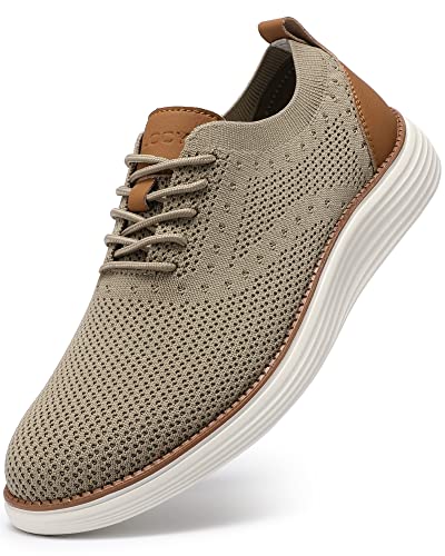 VILOCY Men's Casual Dress Sneakers Oxfords Fashion Business Shoes Lace Up Lightweight Comfortable Breathable Walking Knit Mesh For Tennis Khaki,US11 EU44