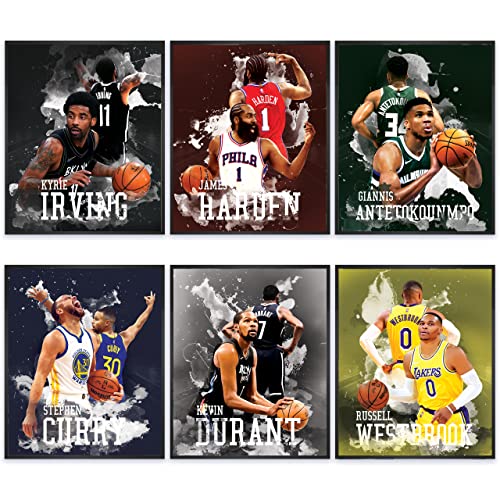 Basketball Posters for Boys Room Decor - 8x10 Inches UNFRAMED Set of 4 Wall Art - Stephen Curry, Russel Westbrook, Kyrie Irving, Giannis Antetokounmpo, James Harden, Kevin Durant Basketball Room Decor by PRINT'N'ART (0041_BP2, 8X10 Inches)