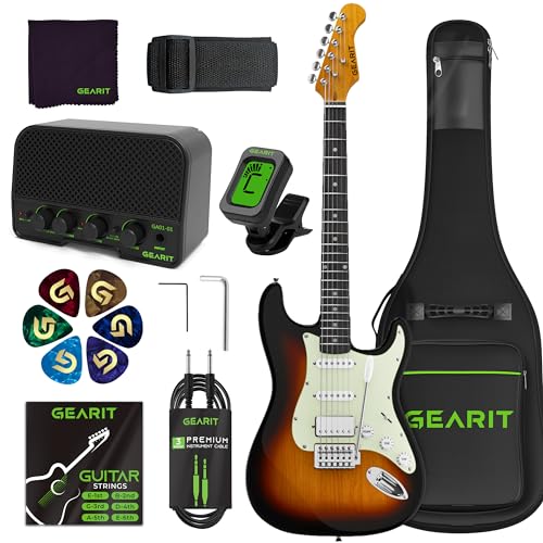 GearIT Electric Guitar Kit Bundle (Premium Mahogany Tonewood) GST-100 Mission Series, 39in Full-Size, Beginner Starter, with Amplifier, HSS Pickups with Coil Split, Gig Bag, Accessories - Sunburst