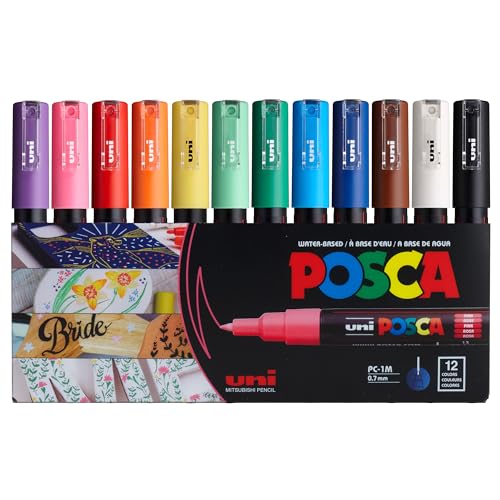 12 Posca Paint Markers, 1M Markers with Extra Fine Tips, Posca Marker Set of Acrylic Paint Pens | for Art Supplies, Fabric Paint, Markers for Art