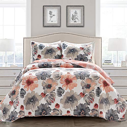 Lush Decor Leah 3 Piece Floral Reversible Quilt Set, Full/Queen, Coral & Gray