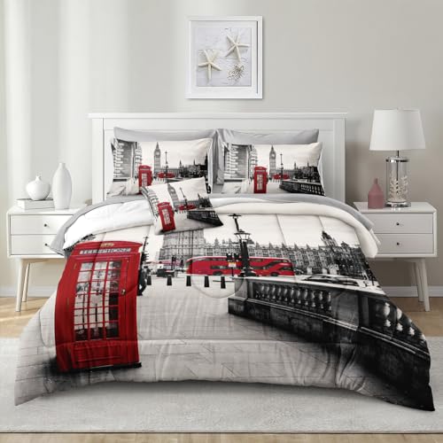 Paris Comforter Set Queen with Sheet Set Telephone Booth Home Decor Comforter Set London Big Ben Bedroom Comforter Set Retro UK Red Grey Bed in a Bag with 1 Cushion Cover (Queen, Paris)