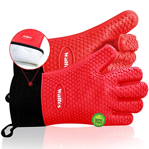 Walfos Grilling Gloves - Heat Resistant Silicone Oven Mitt, Premium Non-Slip Silicone Internal Protective Cotton Layer, Waterproof, Great for Grilling, Kitchen and Cooking (Red)