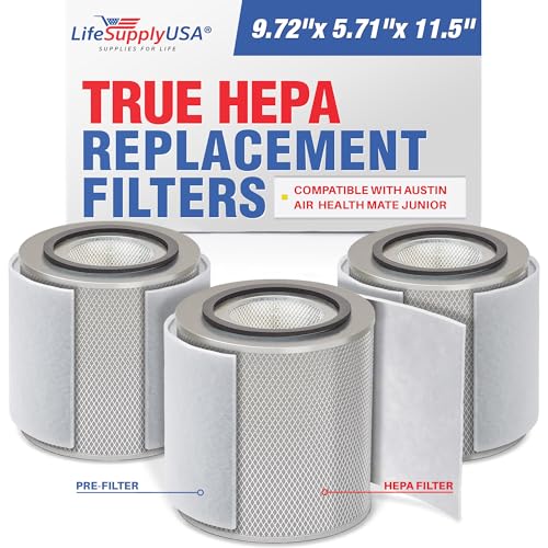 LifeSupplyUSA HEPA Filter Replacement Compatible with Austin Air FR200 FR250 Health Mate Junior HM200, HM 200, HM-200 HM-205 HM-250 Air Purifiers (Pre-Filter Included) (3-Pack)