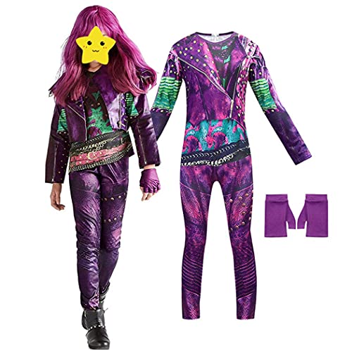 WonderBabe Descendants 3 Costume Mal Costume Girls Halloween Party Dress up Role Play Purple Outfit with Gloves 7-8 Years