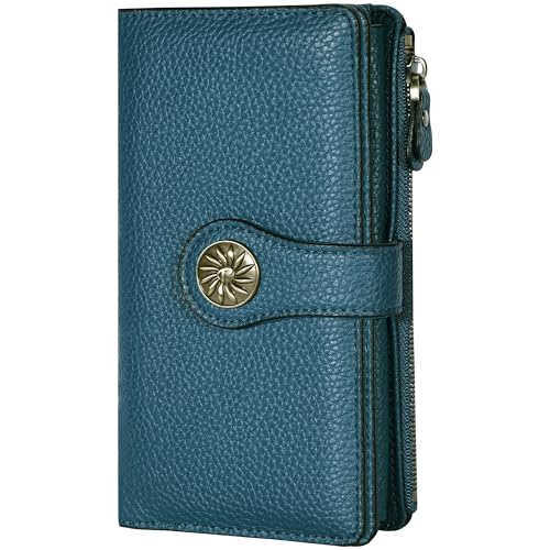 Travelambo Womens Wallets Leather RFID Blocking Large Capacity Luxury Genuine Leather Clutch Wallet Multi Card Organizer(Natural Sky Blue Up)