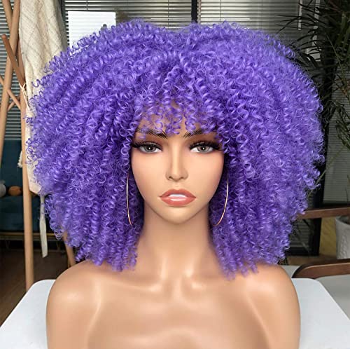 CURLCRAZY Curly Wig with Bangs for Black Women Short Kinky Curly Wig 14inch Afro Hair Halloween Party Christmas Cosplay Wigs (Purple)