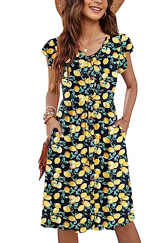 WNEEDU Women Summer Dresses Ruffle Sleeve Casual Loose Swing Button Down Midi Dress(Print Lemon,M)