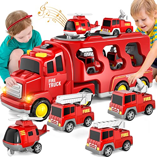 Bennol Toddler Trucks Toys for Boys Age 1-3 3-5, 5 in 1 Fire Car Truck for Girls 1 2 3 4 5 6 Years Old, Christmas Birthday Gift Car Sets with Light Sound
