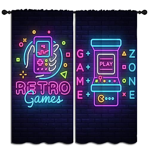 Neon Art Retro Game and Arcade Game Rod Pocket Blackout Curtains for Boy Girl Bedroom,Video Gaming Gamepad and Wall Background Energy Efficient Window Drapes for Living Room Noise Reducing, 55x63in