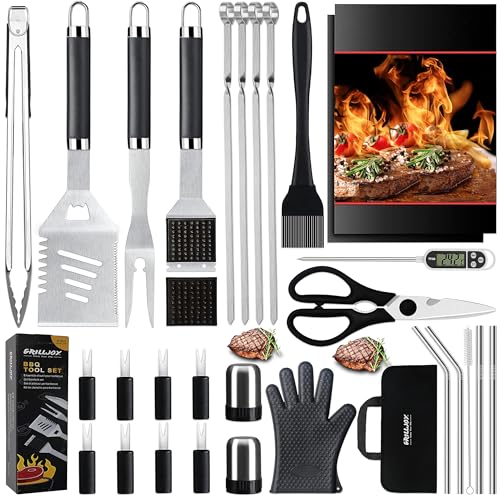 Grilljoy 31PC BBQ Grill Accessories Set, Heavy Duty BBQ Tools Set for Men & Women Gift, Grill Utensils kit with Scissors, Grilling Accessories with Storage Bag for Smoker, Camping Barbecue