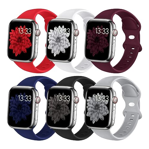 (6 Pack) Sport Band Compatible with Apple Watch Bands 38mm 40mm 41mm 42mm 44mm 45mm 49mm Silicone iWatch Band Ultra 2/Ultra SE Series 9 8 7 6 5 4 3 2 1 Women Men (38mm/40mm/41mm S/M, Red/White/Wine Red/Midnight Blue/Black/Gray)