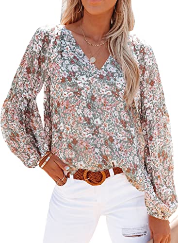 SHEWIN Blouses for Women Fashion 2023 Casual Floral Long Sleeve Boho Tops Loose V Neck Spring Dress Shirts Fall Outfits,US 8-10(M),Multicolor