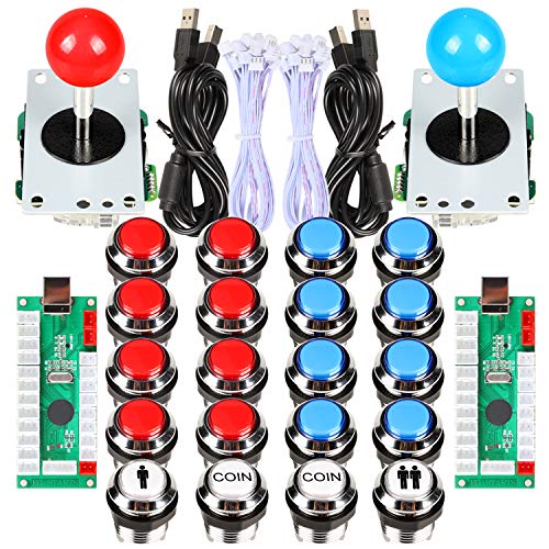 Avisiri 2 Player Arcade Joystick DIY Kit 2 x 8 way Joystick + 20x Chrome LED Arcade Buttons Game Kit for PC Raspberry Pi Video Games (Red-Blue Kits)