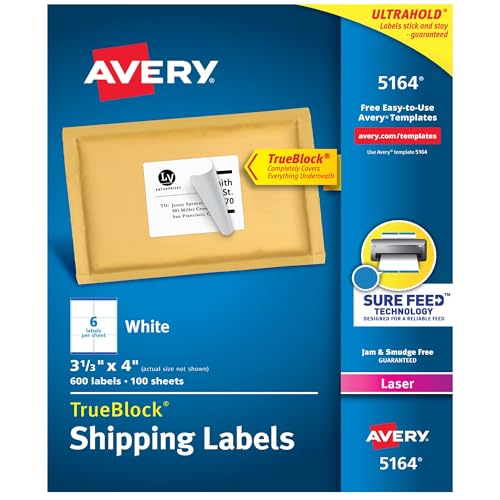 Avery Printable Shipping Labels with Sure Feed, 3-1/3' x 4', White, 600 Blank Mailing Labels for Laser Printers (5130)