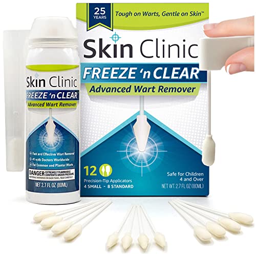 Skin Clinic FREEZE 'n CLEAR Advanced Wart Remover, Tough on Warts, Gentle on Skin, (12 Precision Applicators)