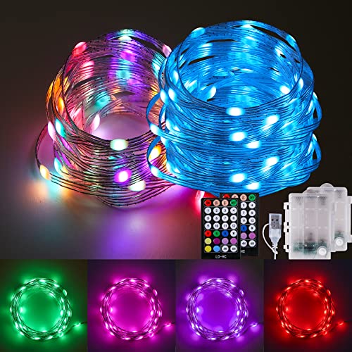 Color Changing Fairy Lights LED String Lights with Remote, 16.4FT 2 Pack Twinkle Lights USB Plug or Battery Powered, Outdoor Waterproof Christmas Decorations for Bedroom Wedding Party Indoor