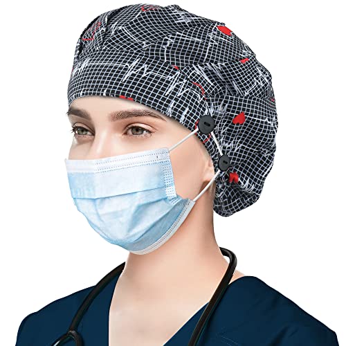 ABAMERICA Bouffant Caps with Button and Sweatband,Adjustable Working Hats for Women Men,One Size Fits All