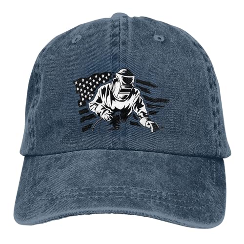 Zrcaifu Welder Torch Welding American Flag Baseball Caps Adjustable Washed Denim Cotton Hat Dad Hats Low Profile Headwear Ball Caps Navy Blue