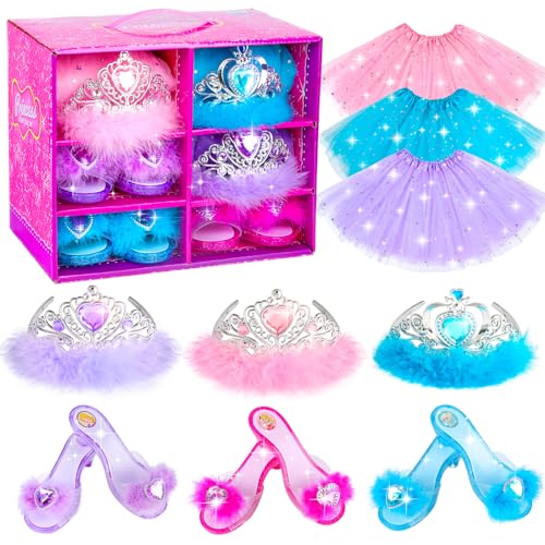 Princess Dress Up Shoes Princess Dresses for Girls, BIBUTY Dress Up Clothes Pretend Play Costumes-3 Sets of Princess Shoes, Dresses and Crowns, Princess Accessory Toys for 3-6 yr Girl Birthday Gifts