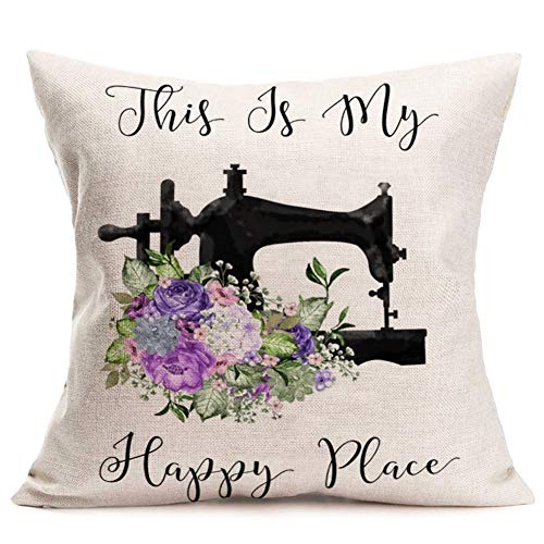 Hopyeer Rustic European Classical Romantic Bouquet Pillow Cover This is My Happy Place Quote Lettering with Sewing Machine Flowers Throw Pillowcase Home Sofa Chair Cushion Cover 18'x18' (RE-Bouquet)
