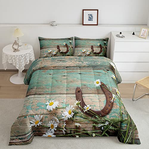Rustic Farmhouse Bedding Set Teal Country Wooden Barn Door Down Comforter Queen Western Horseshoe Daisy Decor Comforter Set for Kids Boys Girls Teen Cowboys Cowgirls Quilt Duvet Sets 2 Pillow Cases