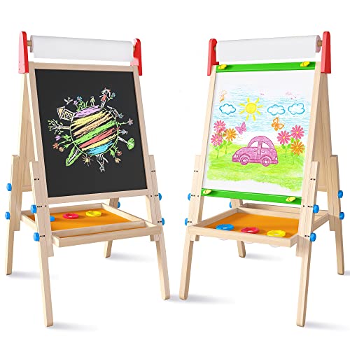 Easel for Kids with 2 Drawing Paper Roll, Learning-Toy for 3,4,5,6,7,8 Years Old Boy & Girls, Wooden Chalkboard & Magnetic Whiteboard & Painting Paper Stand, Gift & Art Supplies for Toddler