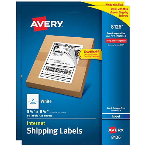 Avery Printable Shipping Labels, 5.5' x 8.5', White, 50 per Pack, 2 Packs, 100 Blank Mailing Labels (8126)