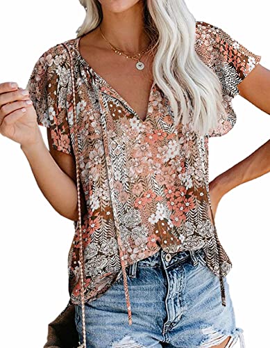 SimpleFun V Neck Tops for Women Sexy Casual Flower Print Drawstring Bohemian Blouses (A-Khaki,XXL)
