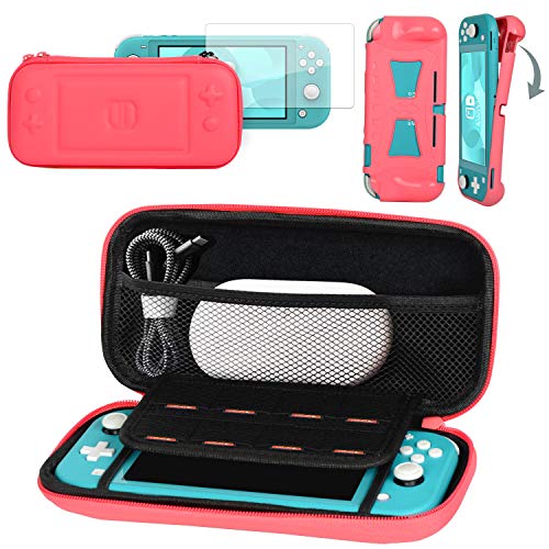 CoBak Carrying Case for Nintendo Switch Lite - with 1 Screen Protector, 1 Grip Case and 4 Thumb Grip Caps, Ultra Slim Premium EVA Travel Pouch Protective Cover, 8 Game Cartridges, Pink