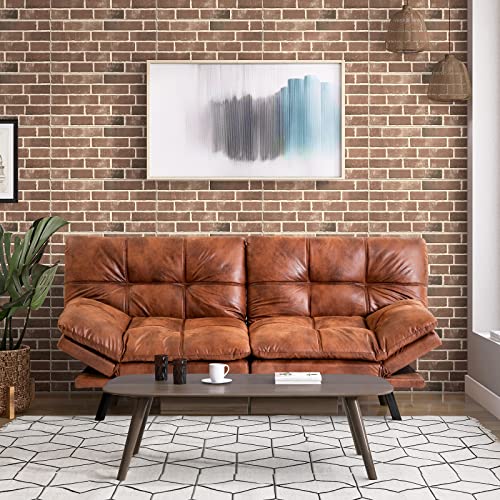 Opoiar Mid-Century Modern Brown Leather Convertible Sectional Loveseat Sofa with Wooden Frame, 3' Memory Foam Cushions, Perfect for Small Spaces / 71', Twin