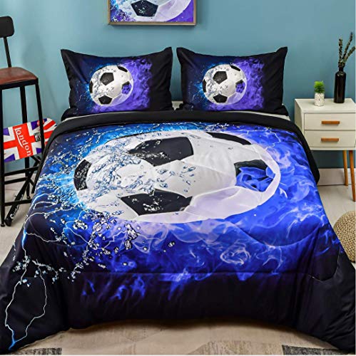 Andency 3D Soccer Comforter Full(79x90 Inch), 3 Pieces(1 Soccer Comforter, 2 Pillowcases) Sport Microfiber Soccer Comforter Set Bedding Set for Boy Kids Teens
