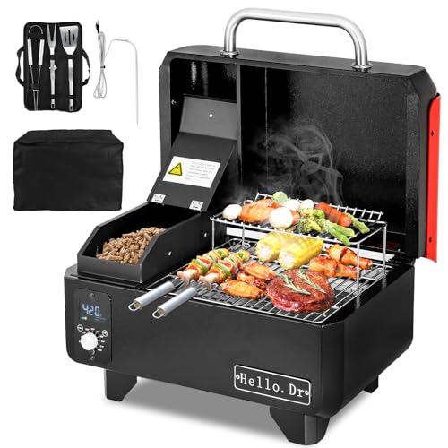 Hello.Dr Portable Wood Pellet Grill and Smoker,Electric Outdoor 8 in 1 Tabletop Grills for RV Camping Tailgating RV Cooking BBQ, Intelligent Temperature Control and Superheated Steam Technology