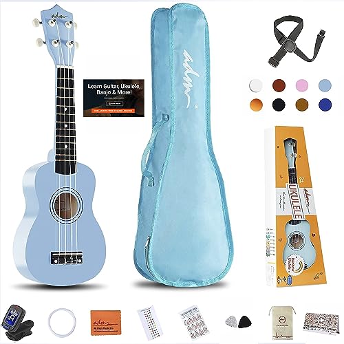 ADM Soprano Ukulele for Beginners 21 Inch Hawaiian Wood Ukelele Kit for Kids Adult Student Starter Professional Ukalelee Pack Bundle with Free Lessons Gig Bag Strap Nylon String Tuner Pick, Blue