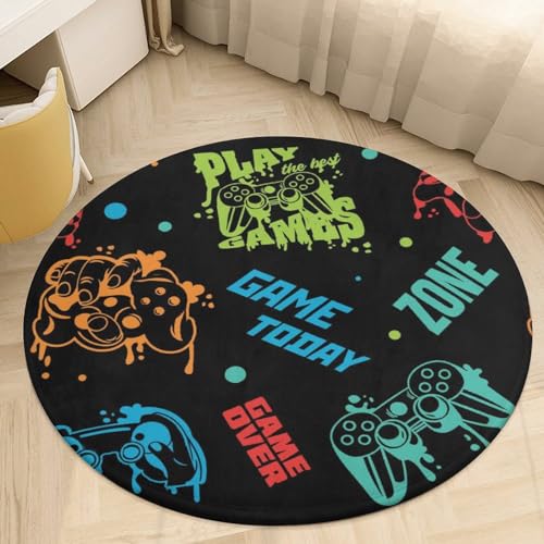 HoaMoya Colorful Joystick Gamepad Round Area Rug Video Game Player Circle Rug Carpet Circular Rugs Non Slip Mat for Kitchen Living Room Bedroom Decoration 2.6 Ft