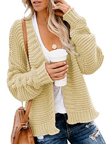 Dokotoo Fashion Cardigan Sweaters for Women Ladies Open Front Long Sleeve Cardigans Coats Solid Casual Cable Knit Chunky Ribbed Winter Daily Loose Jackets Outerwear Beige L