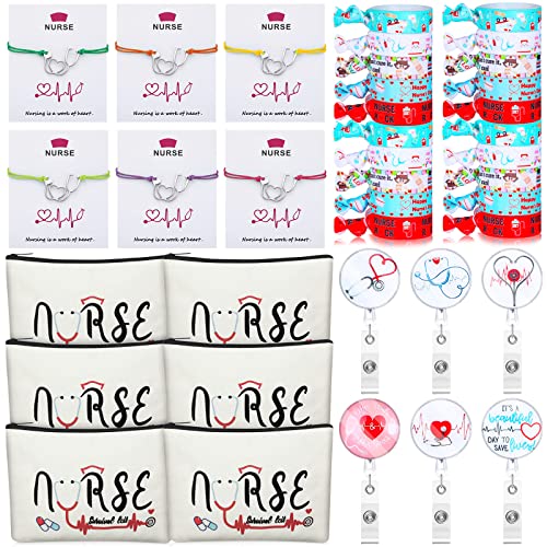 Pajean 38 Pcs Nurse Appreciation Gift Set, 6 Nurse Cotton Makeup Bag Cosmetic Pouch 6 Retractable Nurse Badge Holder Reel with Clip 20 Nursing Hair Elastic Ponytail Holder 6 Bracelet (Elegant Style)