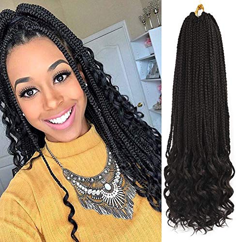 Wavy Ends 3S Box Braids Crochet Braiding Hair Extensions Natural Black Color Synthetic Goddess Box Braids With Free Curly End Crochet Braids For Woman Girls 22strands/pack (24inch, 2)