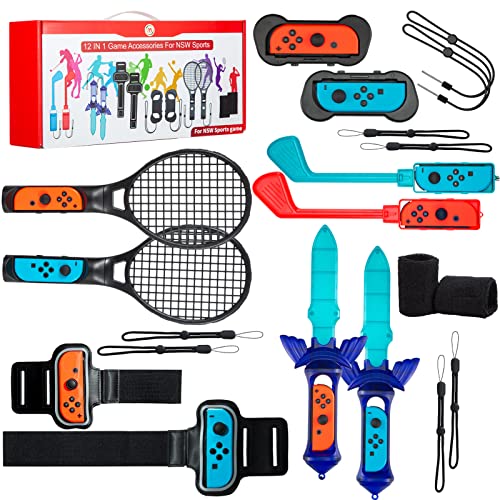 Nintendo Switch Accessories Bundle, Switch Controllers Joy-Con Grips, 12 IN 1 Accessories Kit for Switch Sports Games, Tennis Rackets, Comfort Grips Golf Clubs, Swords, Wrist Bands and Leg Strap