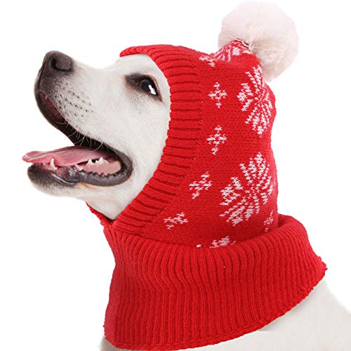 IDOMIK Christmas Dog Hat Costume For Small And Medium Dogs & Cats Warm Winter Dog Knitting Hat Cute Puppy Neck Ear Warmer/Protector Funny Teddy Pet Cap With Pompon Cozy Red Knit Headwear For Pets S-XL