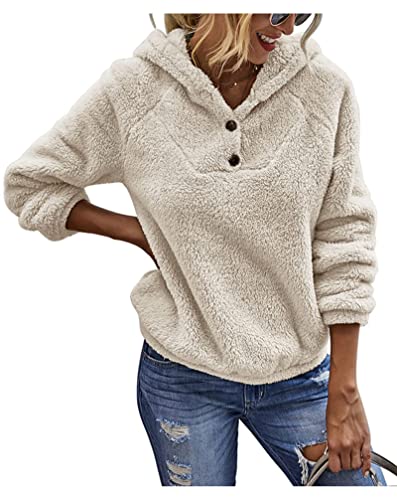 KIRUNDO 2023 Winter Women's Fuzzy Fleece Hoodies Sweatshirts Casual Long Sleeves Shaggy Sherpa Pullover With Pockets(Small, Button-Apricot)